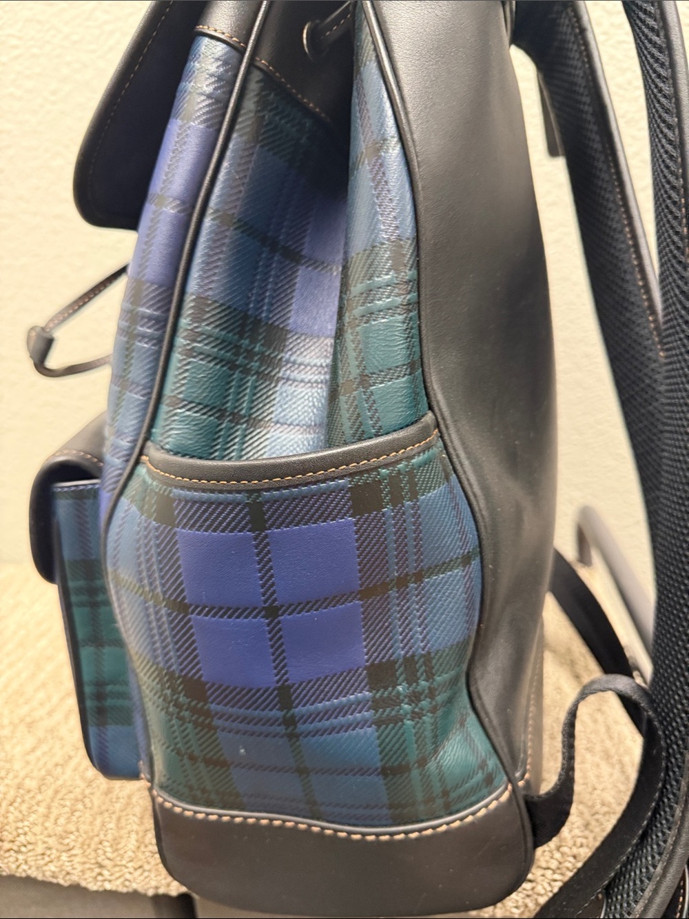 Coach Frankie Black Leather Trim Green and Navy Plaid Backpack - Picture 8 of 14